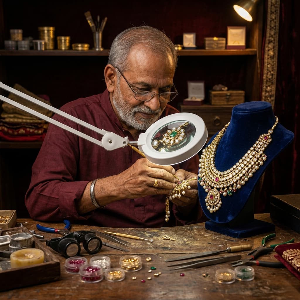 Master artisan crafting luxury Kundan jewellery at Radhika Jewellers