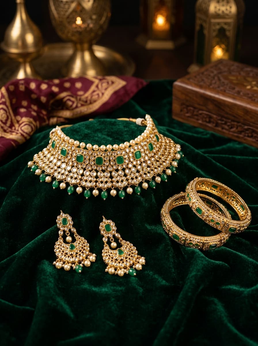 Curated luxury Kundan choker necklace and artificial jewellery collection at Radhika Jewellers